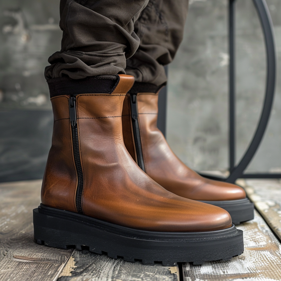 Brown Leather Efrem With Thick Sole Zipper Boots