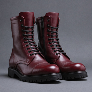 Burgundy Leather Oriella Lace Up Chunky Derby Boots with Zipper and Track Sole - AW24 - Hiking and Trekking Boots