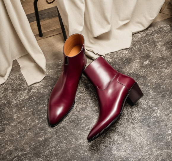 Burgundy Leather Lazzer Slip On Zipper Pointed Boots