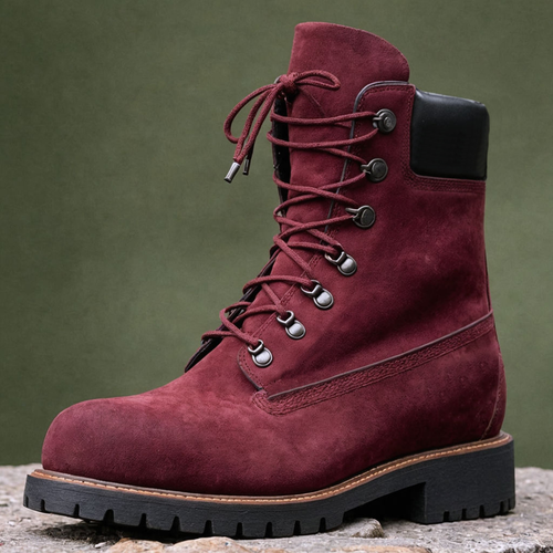 Burgundy Nubuck Leather Abbraccio Mid Calf Rugged Lace Up Combat Hiking Boots with Chunky Track Sole