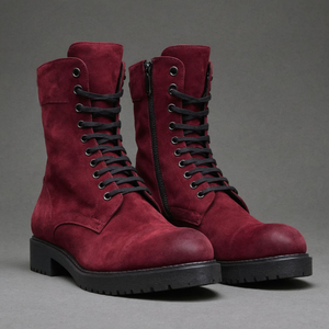 Burgundy Suede Leather Oriella Lace Up Chunky Derby Boots with Zipper and Track Sole - AW24 - Hiking and Trekking Boots