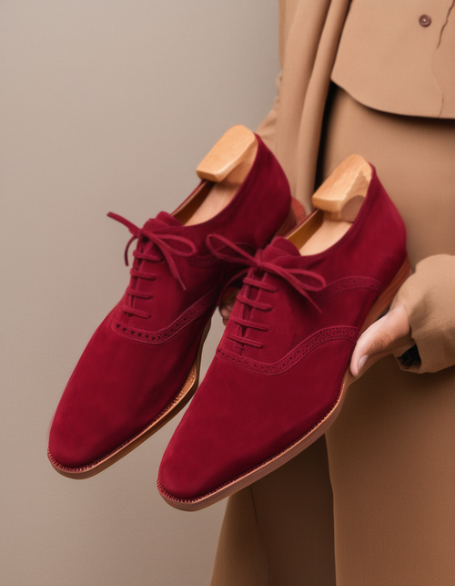 Burgundy Suede Leather Kratio Brogue Oxfords - Formal Shoes