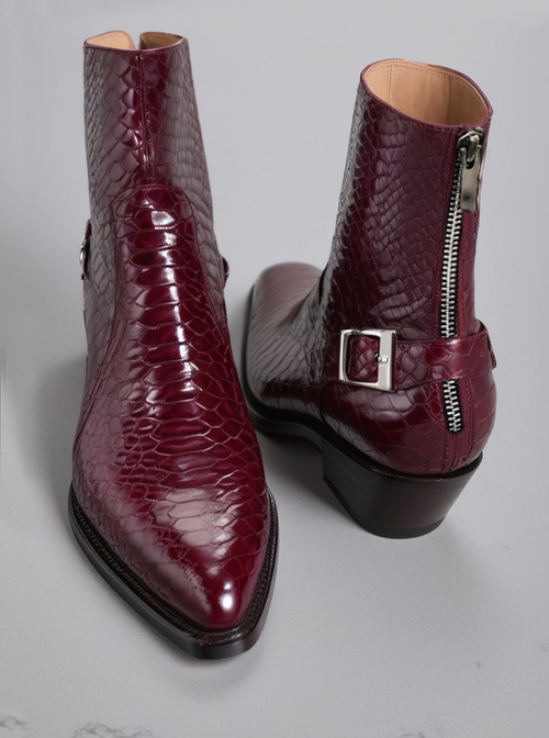 Burgundy Croc/Python/Snake Animal Print Leather Alessia Slip On Zipper Pointed Boots for Men