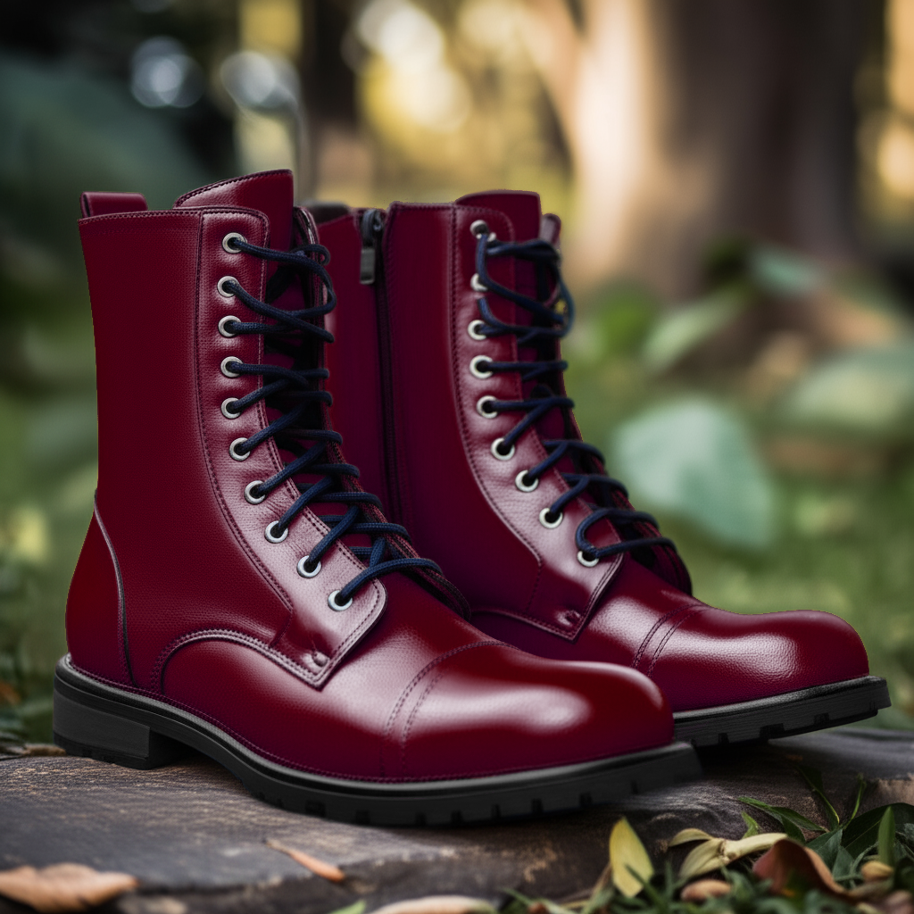Burgundy Leather Belinda Chunky Hiking Combat Lace Up Zipper Boots