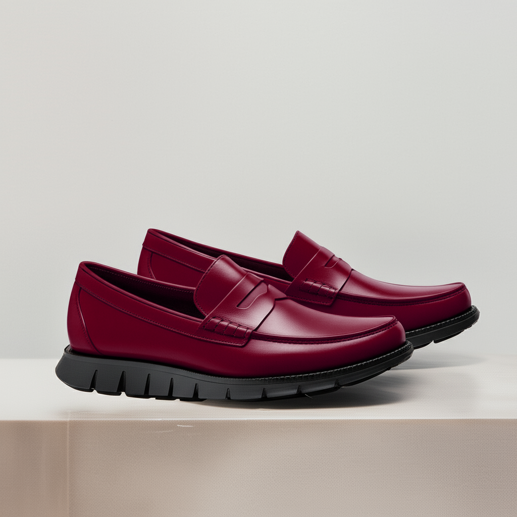 Burgundy Leather Evarado Penny Loafers with Black Hybrid Sole - SS23