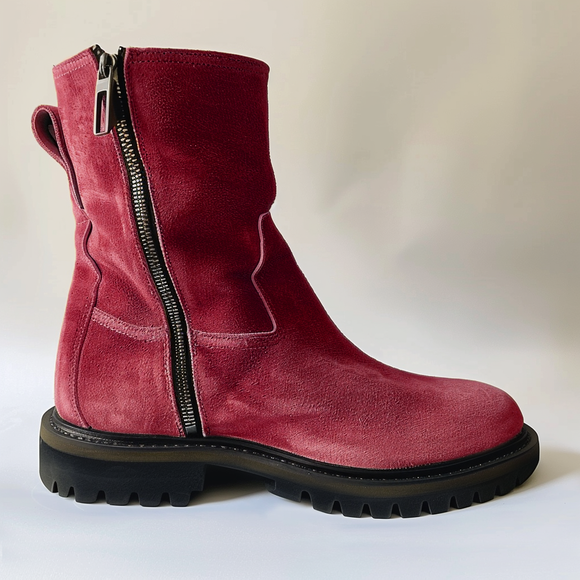 Burgundy Suede Leather Massimiliano With Thick Sole Zipper Boots