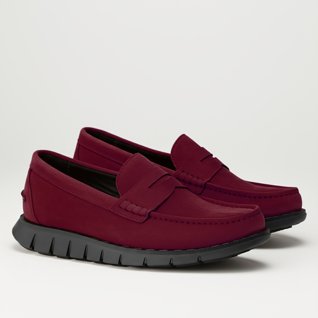 Burgundy Suede Leather Evarado Penny Loafers with Black Hybrid Sole - SS23