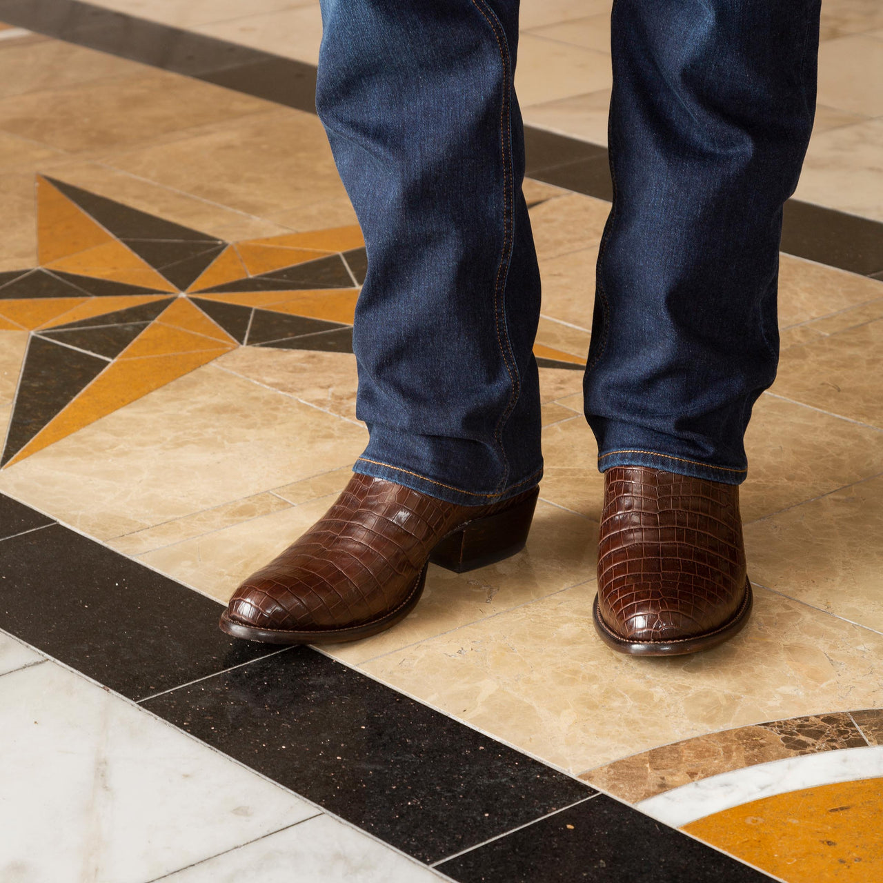 Brown Croc Print Leather Hargrave Slip On Western Cowboy Boots 