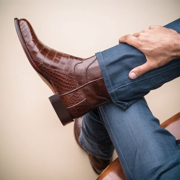 BROWN LEATHER RENOVAUX SLIP ON Zipper Western Cowboy Boots - AW24