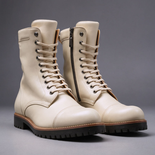 Cream Leather Oriella Lace Up Chunky Derby Boots with Zipper and Track Sole - AW24 - Hiking and Trekking Boots