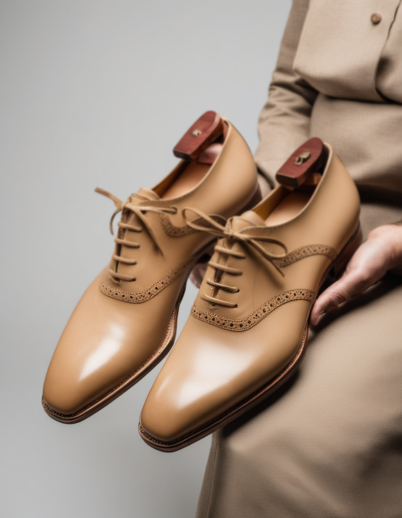 Beige Leather Kratio Brogue Oxfords - Formal Shoes