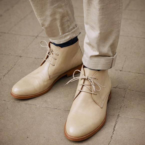 Cream Leather Sahara Step Chukka Desert Boots with Leather Sole - Summer 2024 Collection