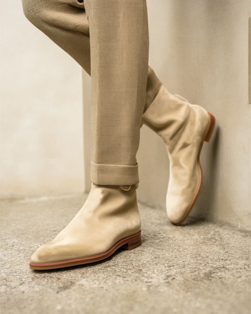 Cream Suede Leather Amarante Slip On Jodhpur Boots