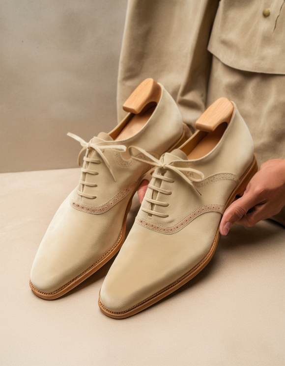 Beige Suede Leather Kratio Brogue Oxfords - Formal Shoes