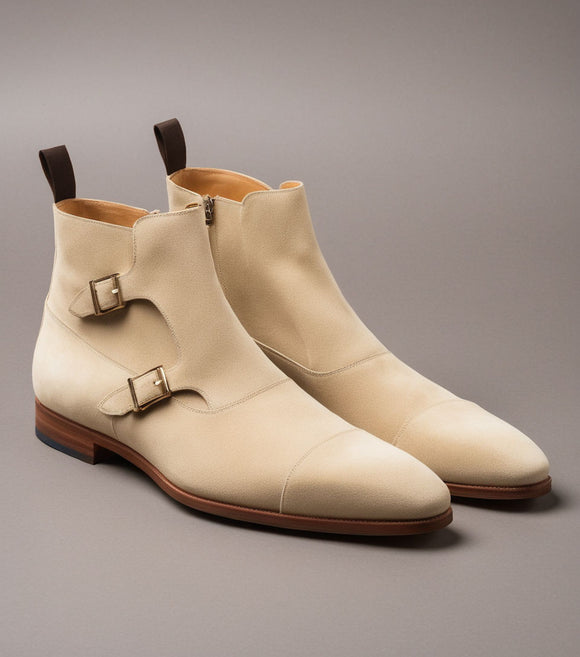 Cream Suede Leather Bordeaux Monk Strap Boots