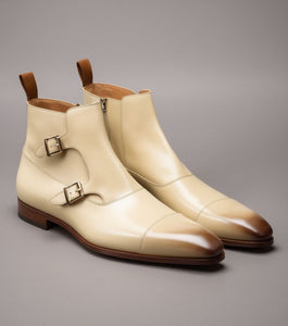 Cream Leather Bordeaux Monk Strap Boots