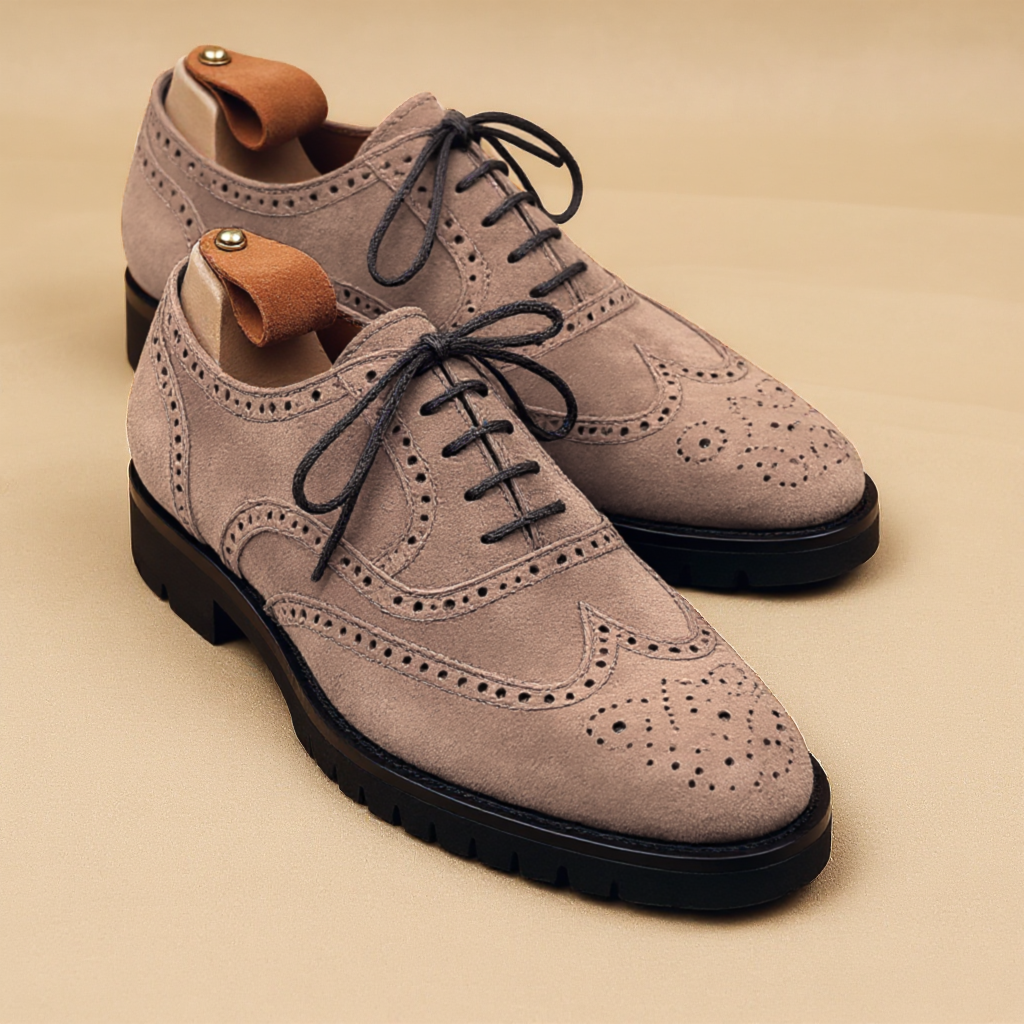 Cream Suede Leather Rene Brogue Chunky Oxfords Shoes WORK EDITION
