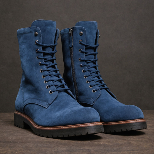 Dark Blue Suede Leather Oriella Lace Up Chunky Derby Boots with Zipper and Track Sole - AW24 - Hiking and Trekking Boots