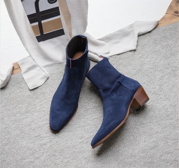 Dark Blue Suede Leather Lazzer Slip On Zipper Pointed Boots