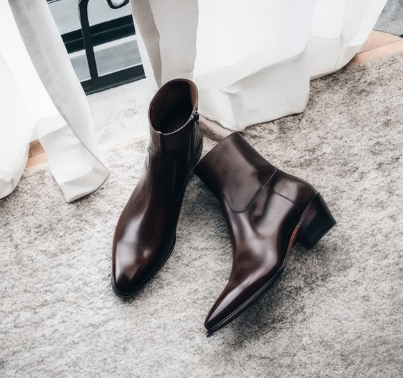 Dark Brown Leather Lazzer Slip On Zipper Pointed Boots