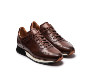 Dark Brown Leather Nausori Lace Up Running Sneaker Shoes