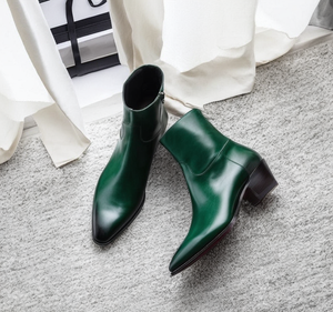 Dark Green Leather Lazzer Slip On Zipper Pointed Boots