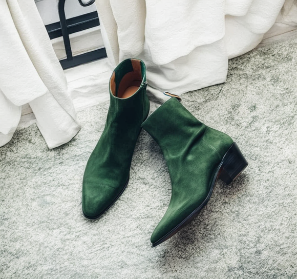 Dark Green Suede Leather Lazzer Slip On Zipper Pointed Boots