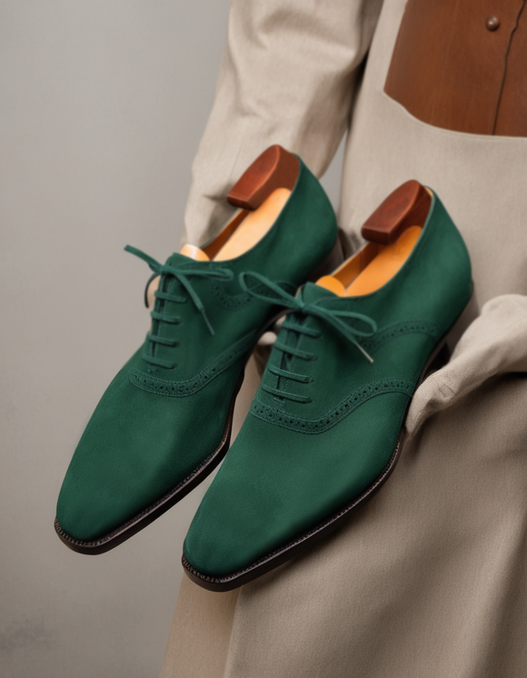 Dark Green Suede Leather Kratio Brogue Oxfords - Formal Shoes