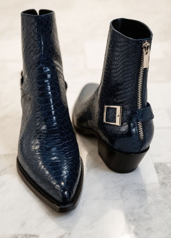 Dark Blue Leather Fiorina Slip On Zipper Pointed Boots for Men - AW24