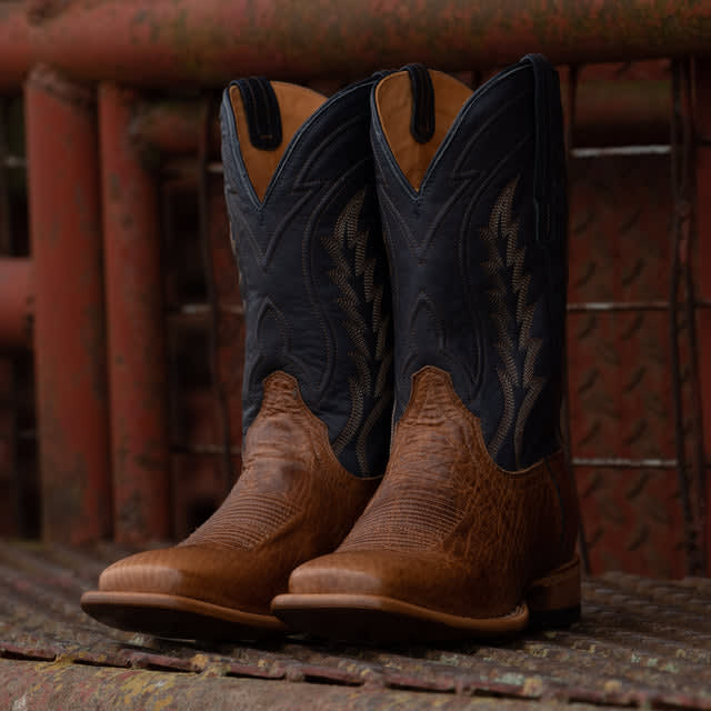 Height Increasing Tan and Navy Blue Leather Bartlett Slip On Zipper Western Cowboy Boots