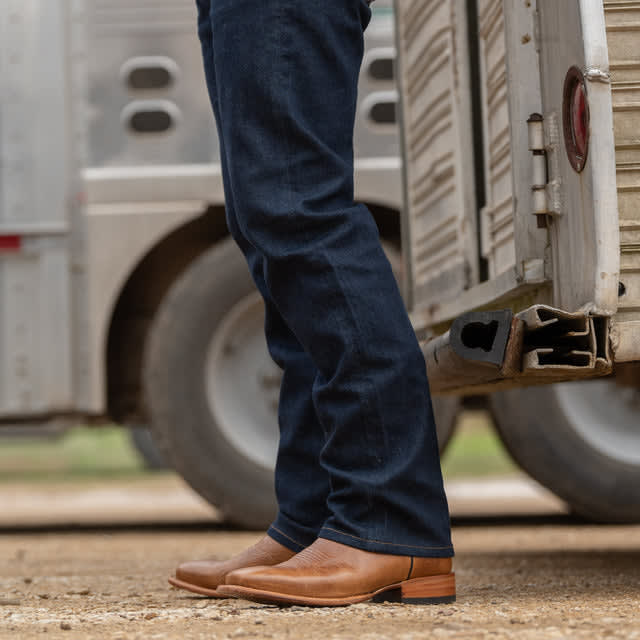 Tan and Navy Blue Leather Bartlett Slip On Western Cowboy Boots
