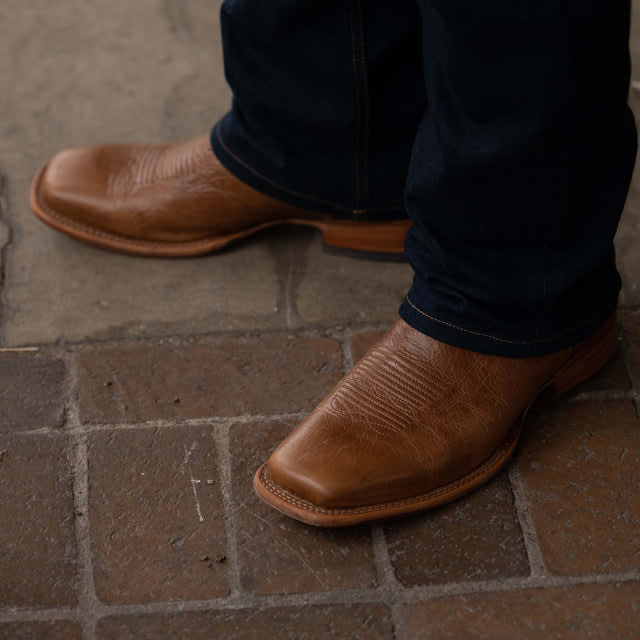 Tan and Navy Blue Leather Bartlett Slip On Western Cowboy Boots