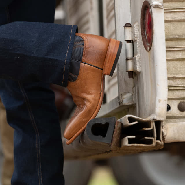 Tan and Navy Blue Leather Bartlett Slip On Western Cowboy Boots