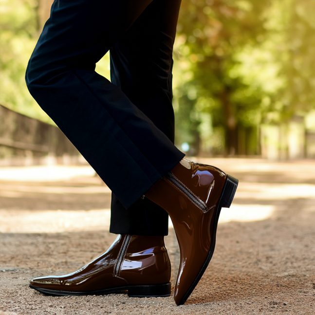 Brown Patent Leather Gaspare Slip-On Pointed Zipper Boots