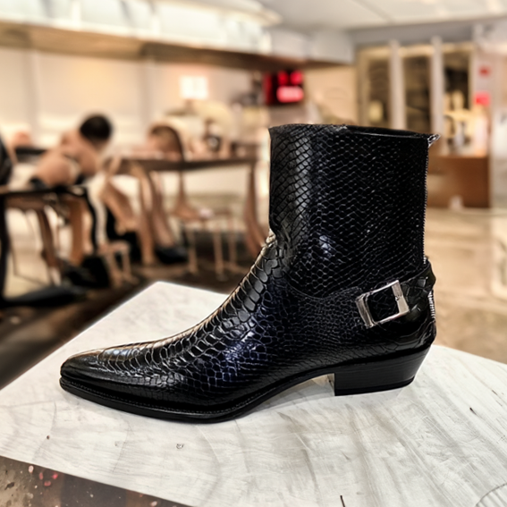 Black Croc/Python/Snake Animal Print Leather Alessia Slip On Zipper Pointed Boots for Men - ITALIAN AW26