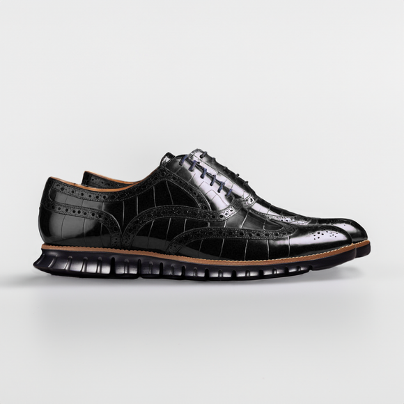 Black Croc Print Leather Everett Lace Up Oxfords with Black Hybrid Sole - SS23