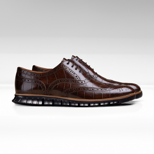 Brown Croc Print Leather Everett Lace Up Oxfords with Black Hybrid Sole - SS23