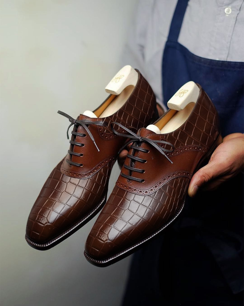 Brown Croc Print Leather Elowen Brogue Oxfords - Formal Shoes - SS23