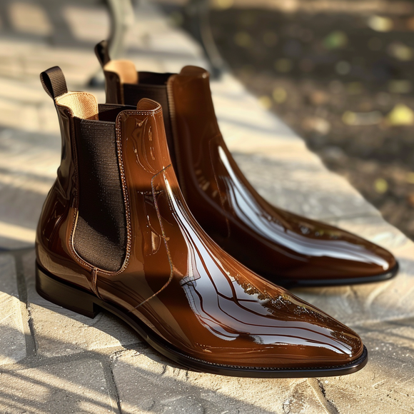 Brown Patent Leather Baldassare Slip On Pointed Chelsea Boots