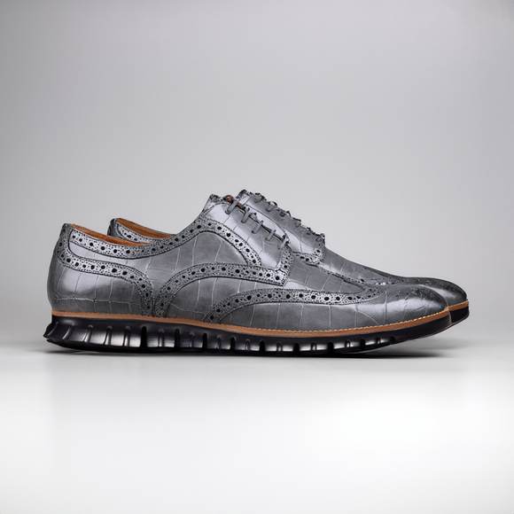 Grey Croc Print Leather Everett Lace Up Oxfords with Black Hybrid Sole - SS23