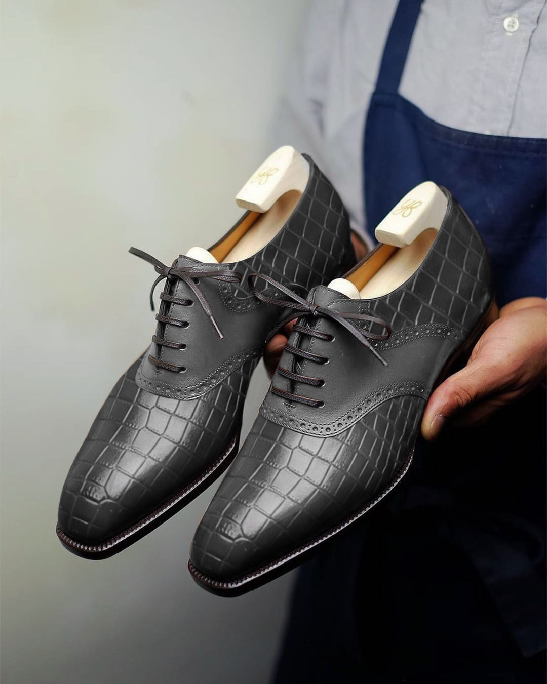 Grey Croc Print Leather Elowen Brogue Oxfords - Formal Shoes - SS23