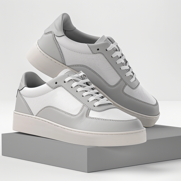 Grey & White Leather Mint Lace-Up Sneakers with White Sole - Summer 2024 Collection