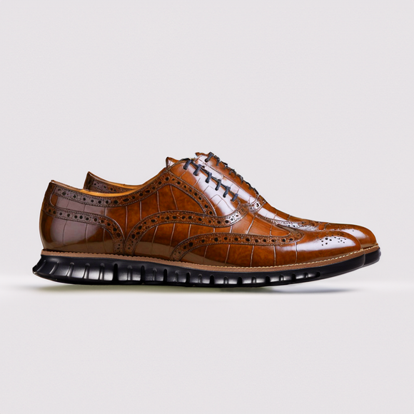 Tan Croc Print Leather Everett Lace Up Oxfords with Black Hybrid Sole - SS23