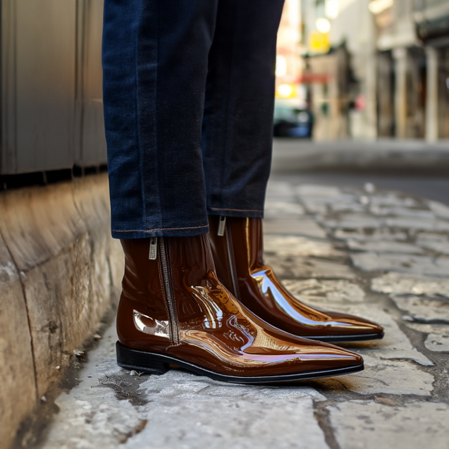 Brown Patent Leather Gaspare Slip-On Pointed Zipper Boots