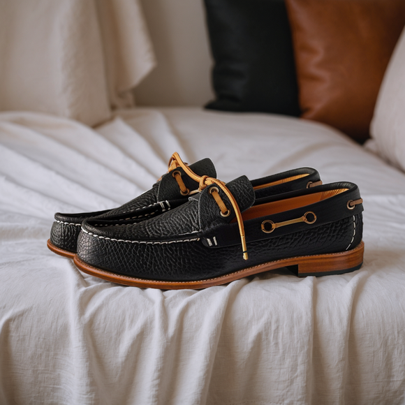 Black Giulio Boat Shoes with Tan Sole