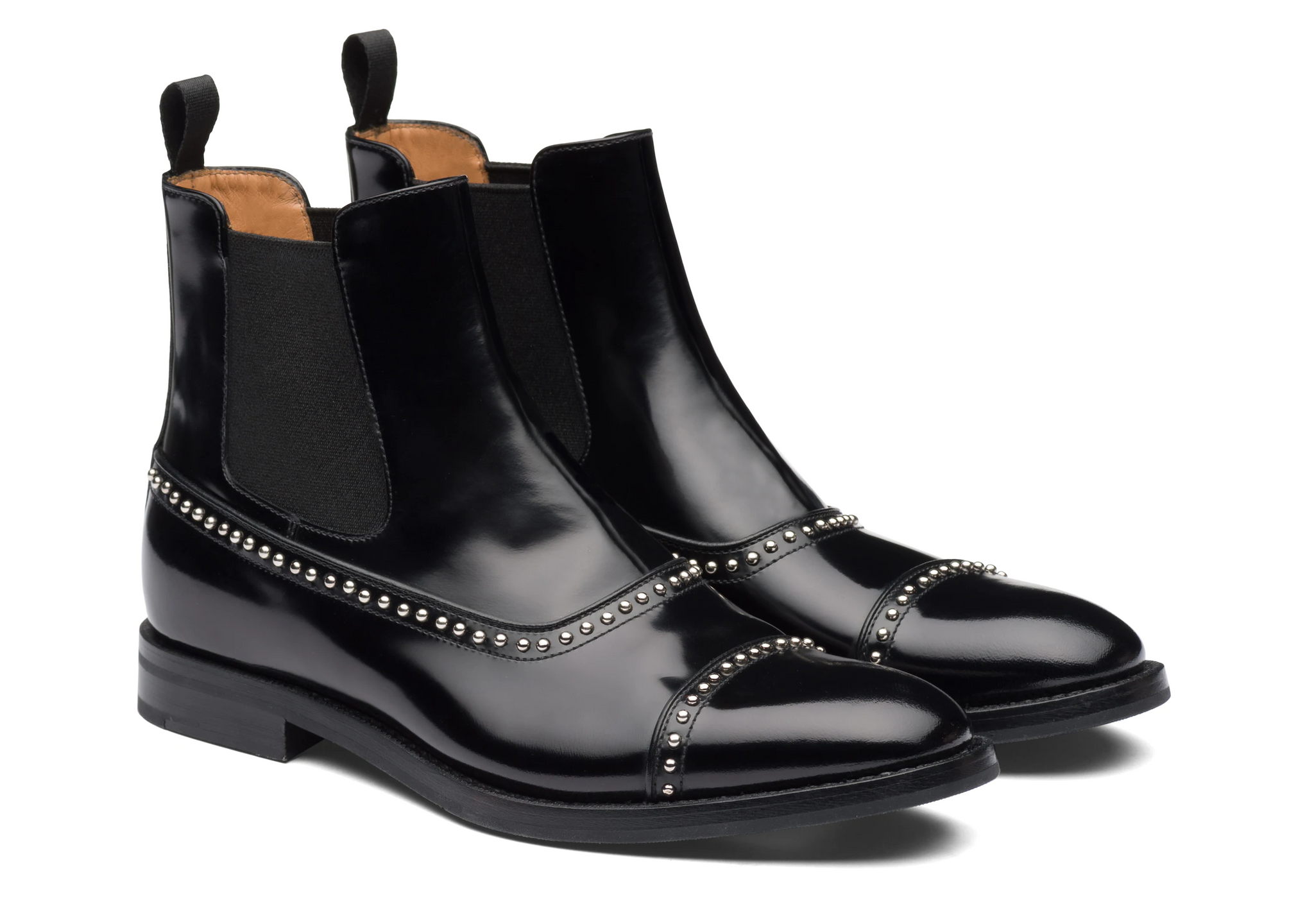 Black Leather Spike Studded Fuiloro Toe Cap Chelsea Boots Costoso Italiano