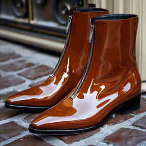 Brown Patent Leather Gaetano Slip-On Pointed Zipper Boots