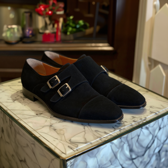 Black Nubuck Leather Mario Monk Straps