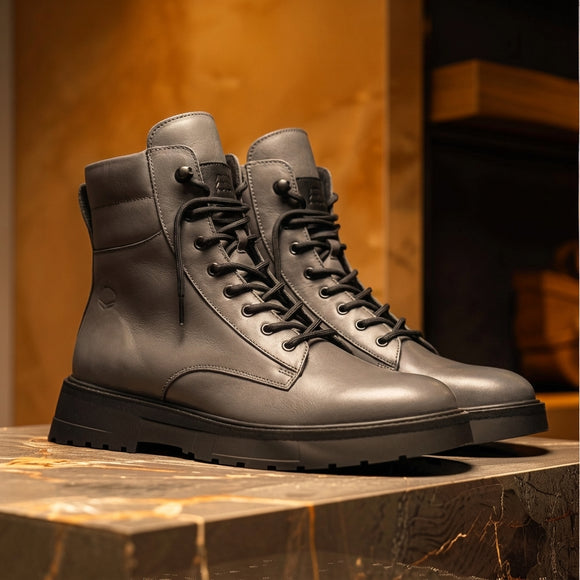 Grey Leather Elvio Combat Boot