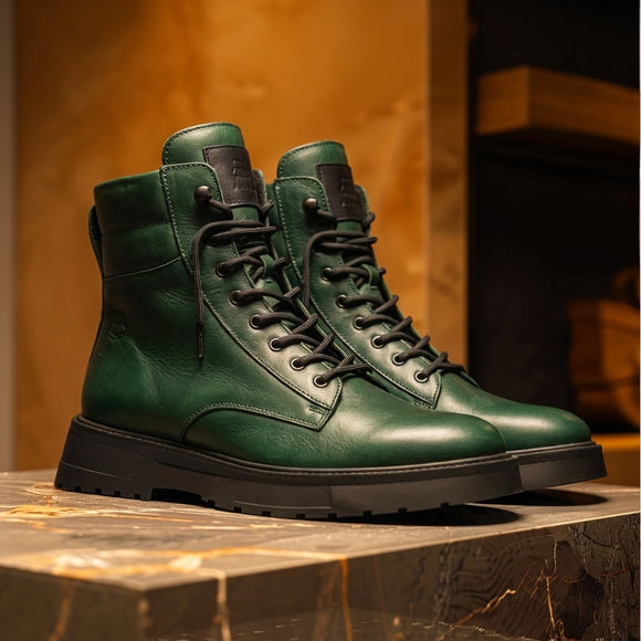 Green Leather Elvio Combat Boot